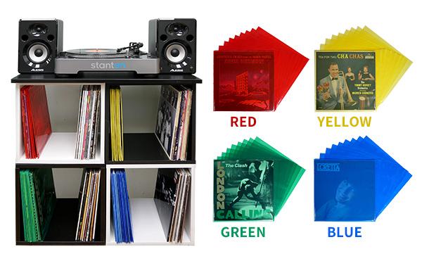 POLY-Chrome translucent LP record jacket frames organized in square shelves