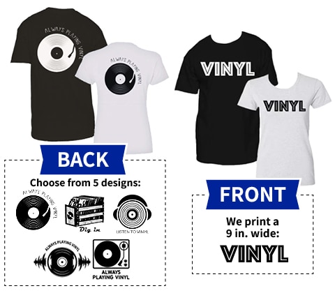 Preprinted T-shirts with vinyl record images and accessories.